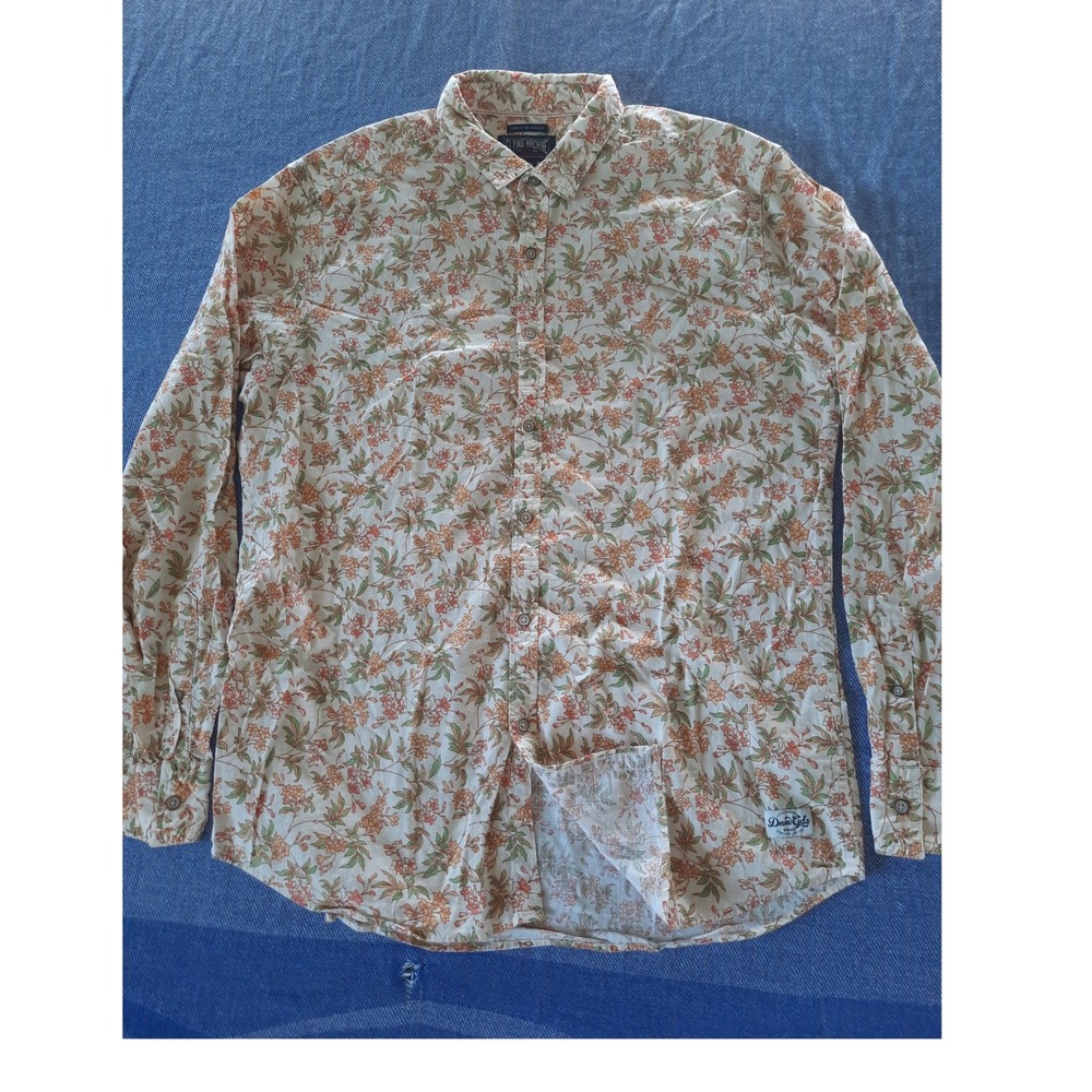 Flying Machine Men Large  All Over Floral Button Shirt Orange Cream Long Sleeve